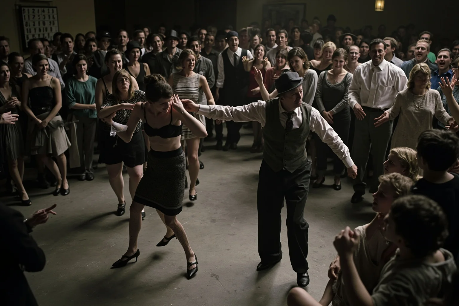 Biggest Fads Throughout American History 6 Exhausted couples dancing in a crowded 1920s dance marathon hall with a number board and cheering onlookers