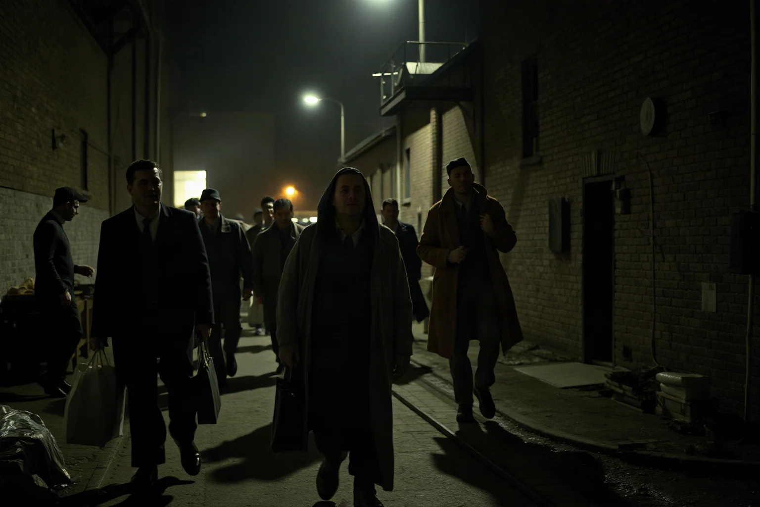 Exhausted factory workers leaving a mill at night under gaslight