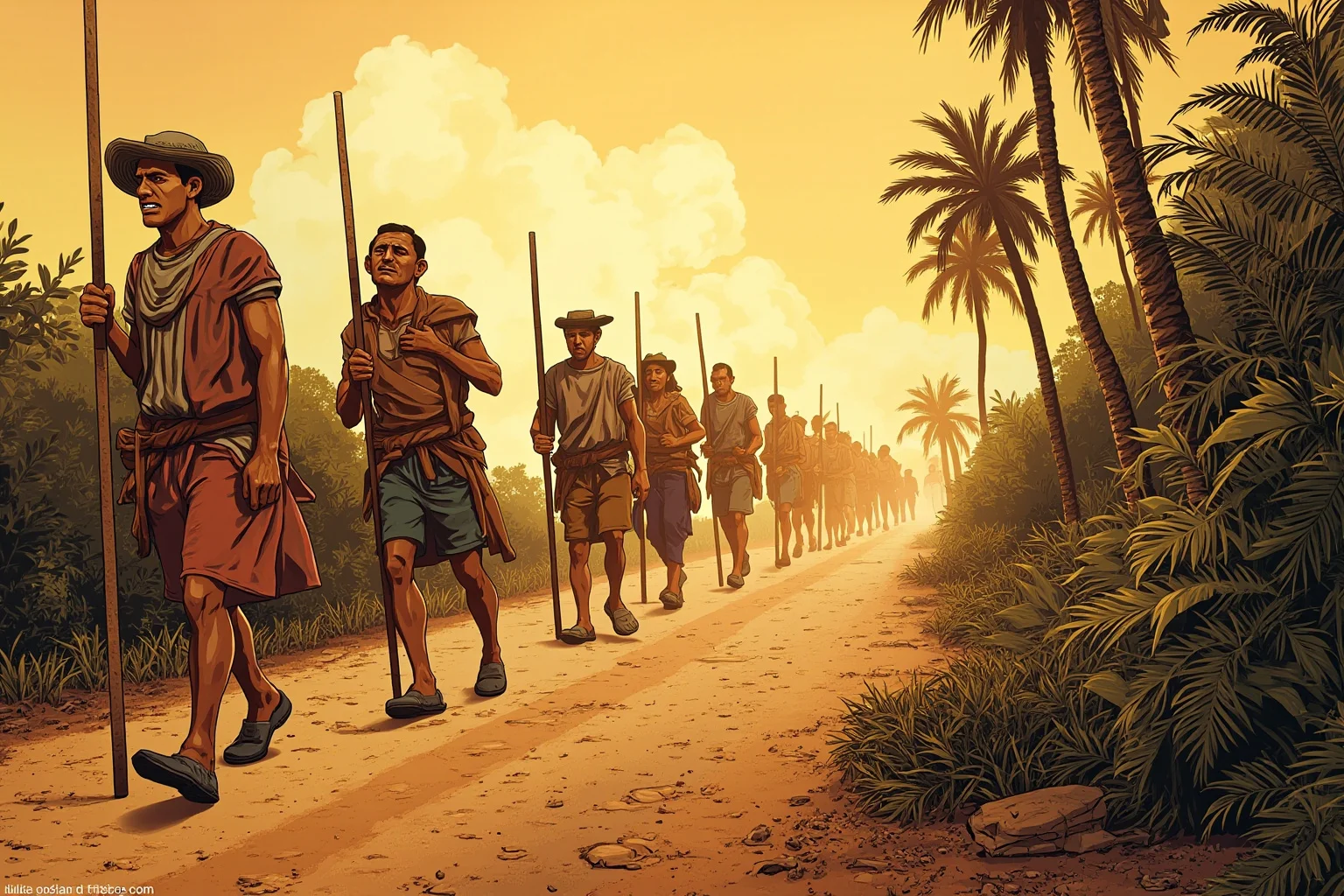 Longest Journeys Ever Undertaken On Foot 6 Exhausted figures marching along a dusty tropical road under harsh sunlight, respectful and non-graphic historical illustration style