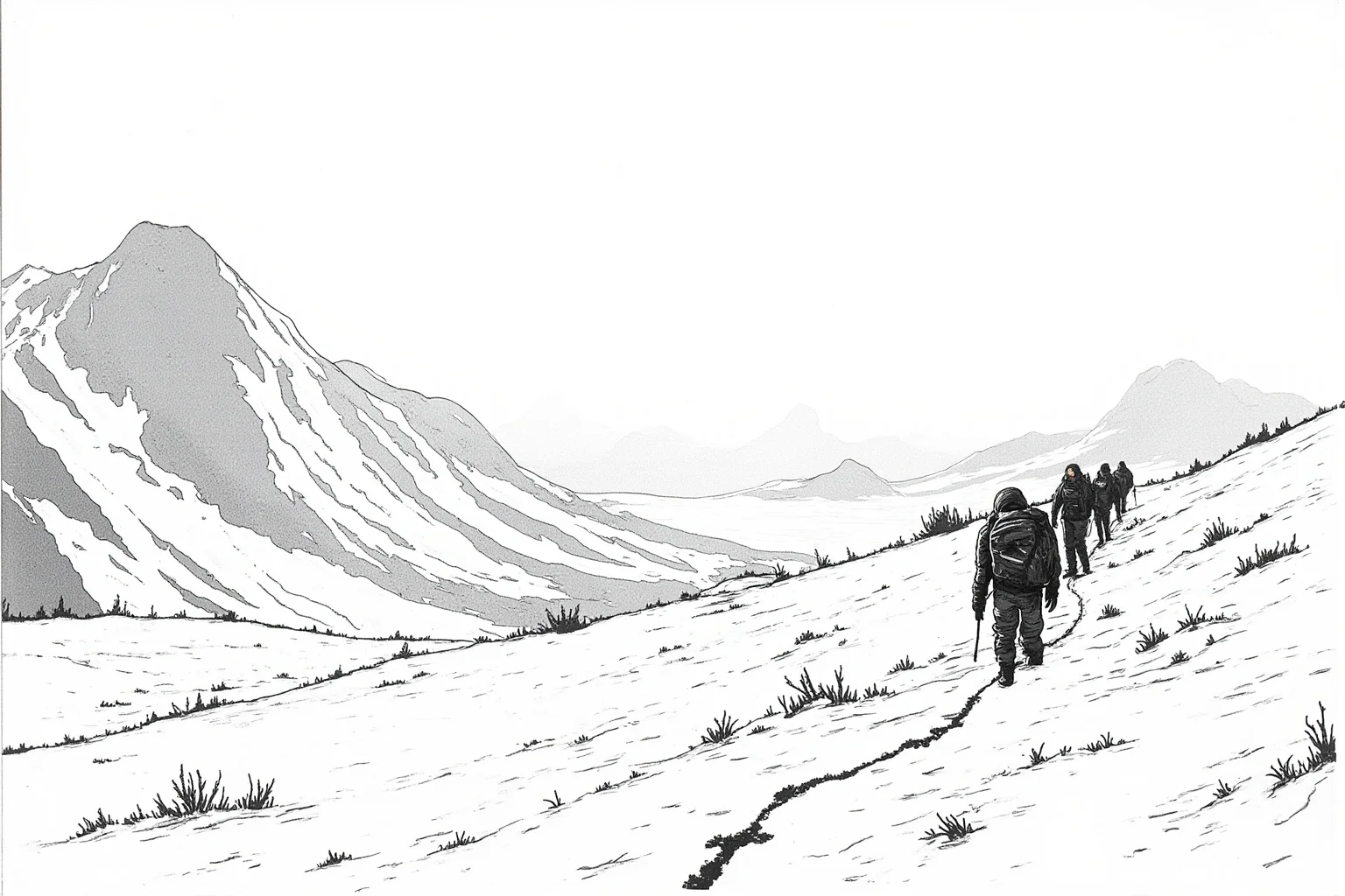 The Most Daring Prison Escapes in History 21 Exhausted travelers trekking across a vast snowy mountain range, black and white illustration style