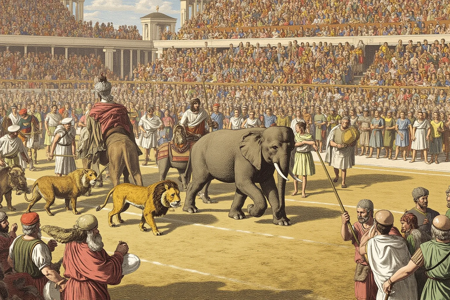 Exotic animals like lions and elephants being led into a Roman arena, historical illustration