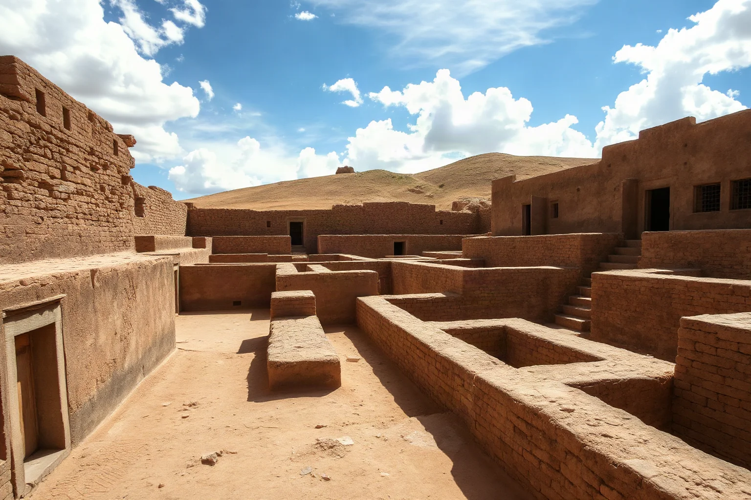 Extensive labyrinth of weathered adobe mud-brick walls of Chan Chan creating maze-like corridors under Peruvian sun