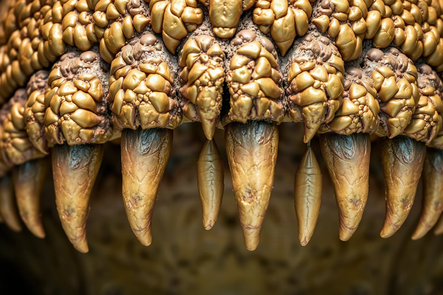 Extreme close-up illustration of a row of large, thick, serrated Tyrannosaurus rex teeth