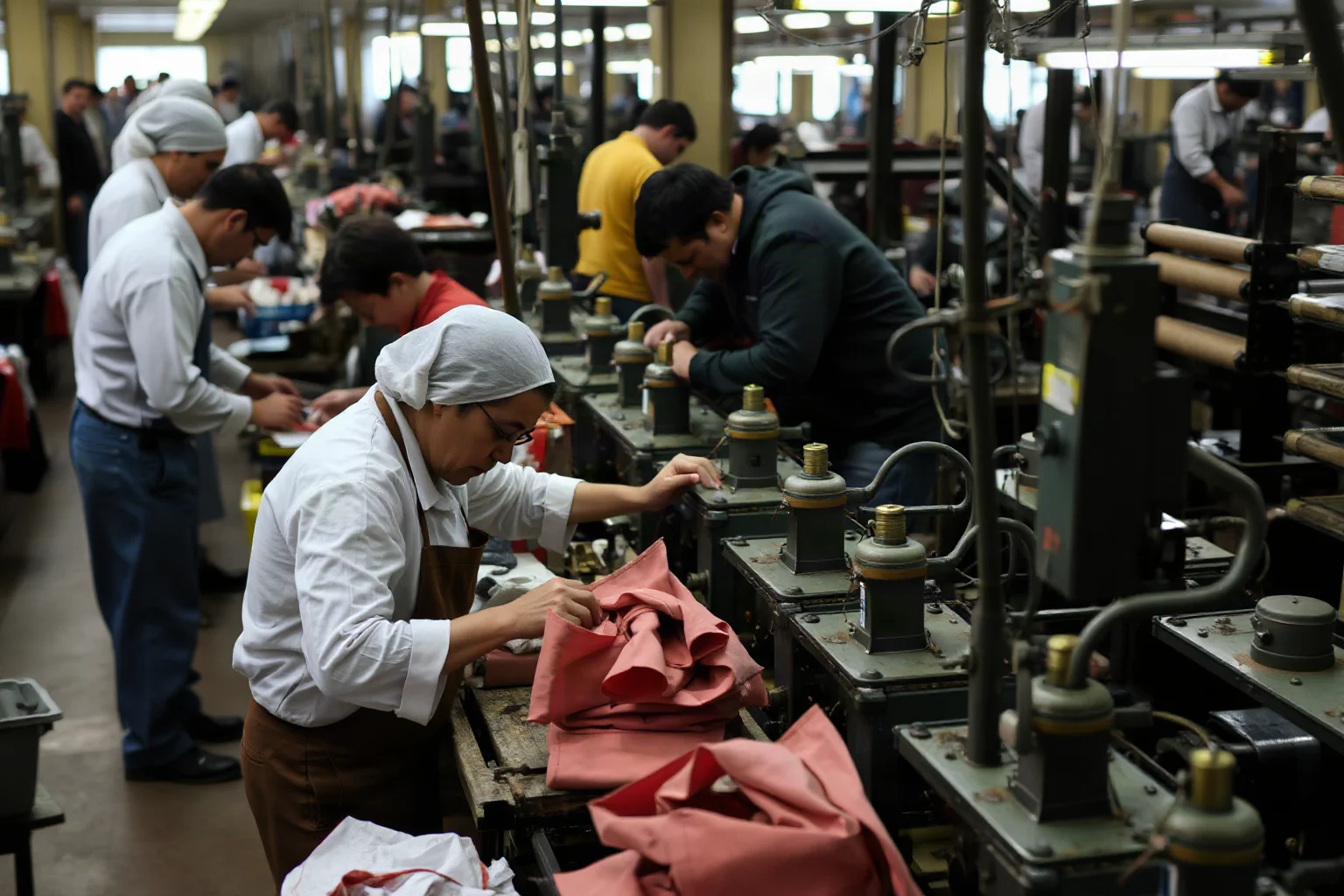 Factory workers operating dangerous machinery on a crowded mill floor