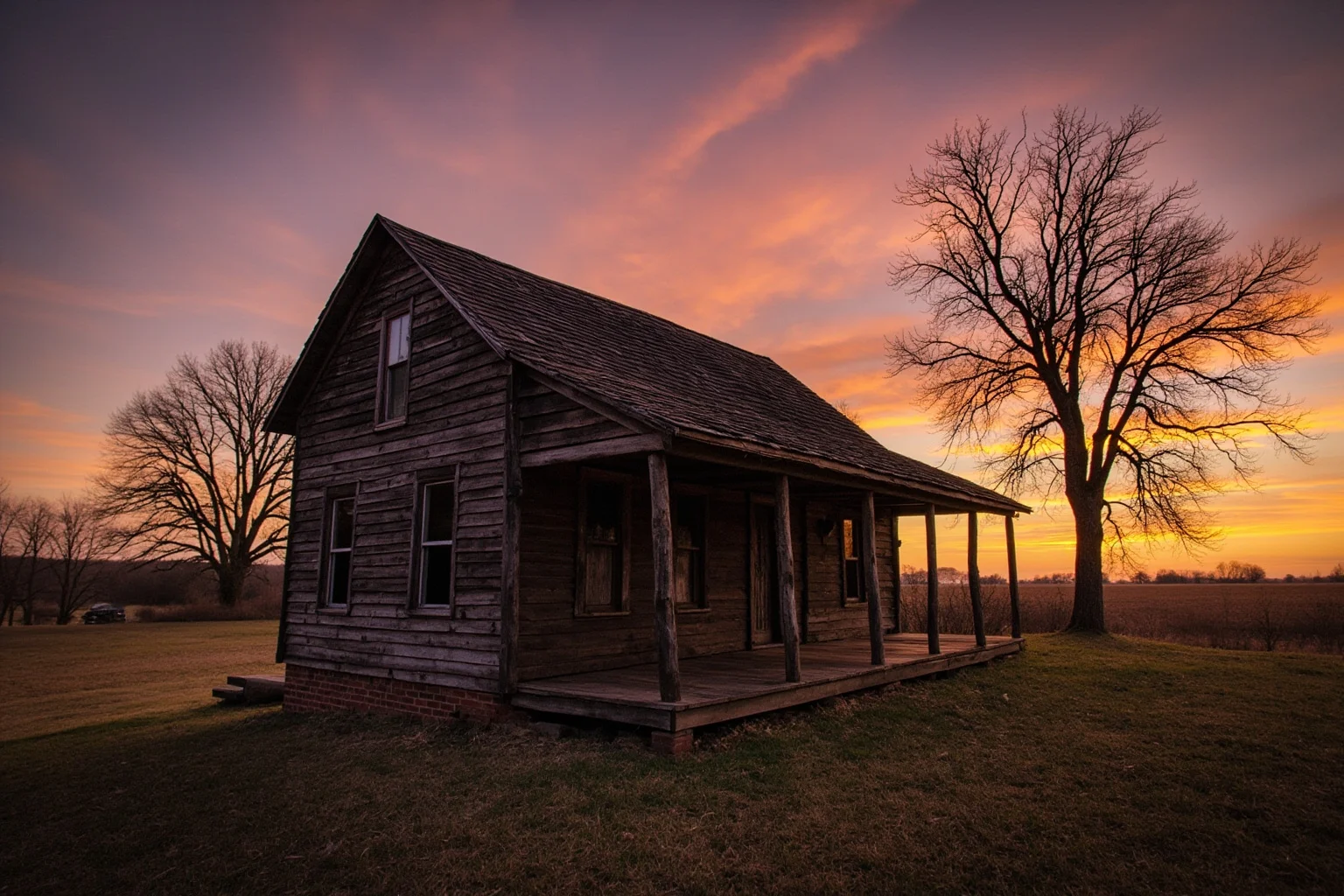 A small rustic two-room wooden house in rural 1930s Mississippi at dawn, historical Southern homestead style