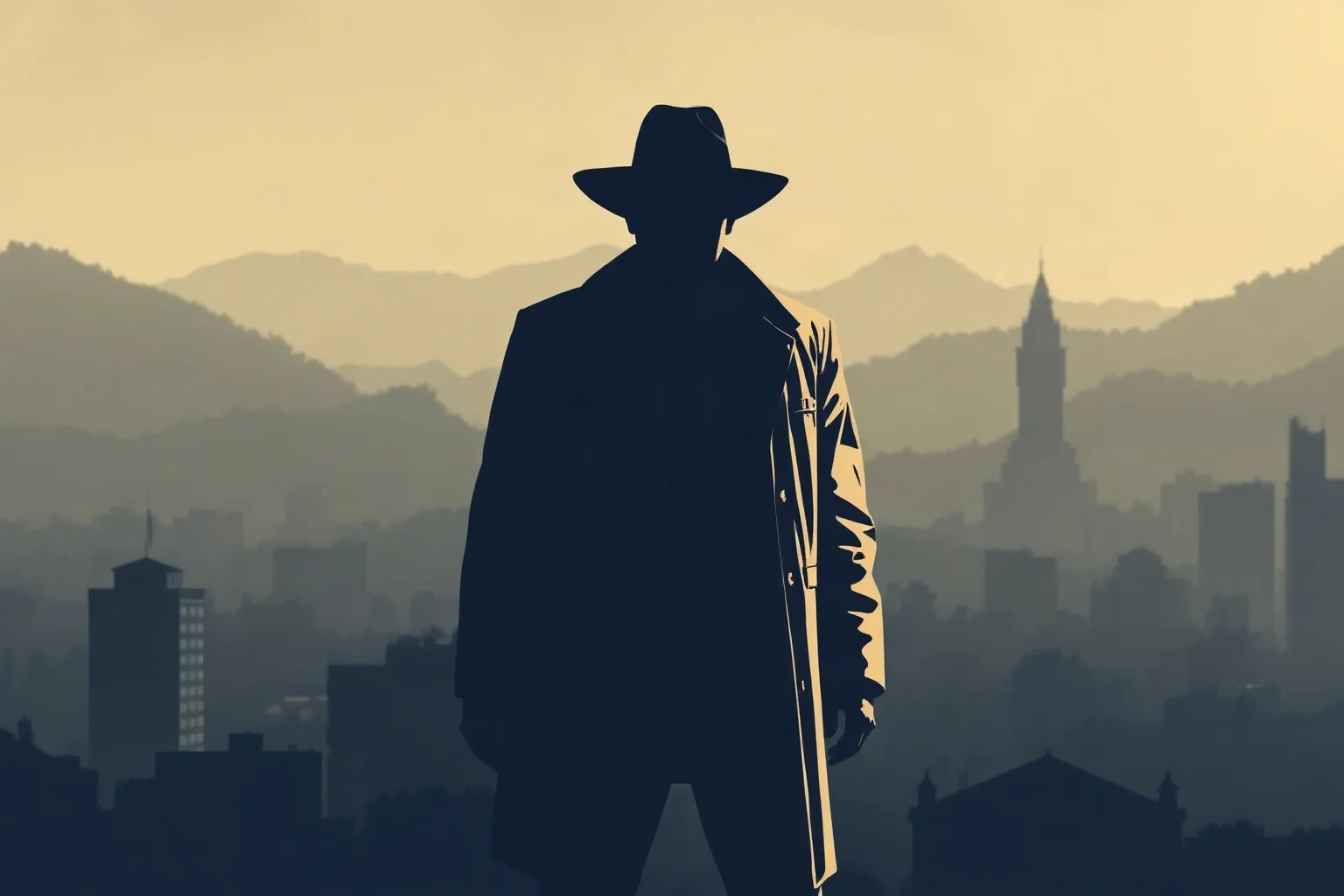 A stylized illustration of a mysterious silhouetted figure standing before a hazy Colombian cityscape, symbolizing a notorious historical crime boss