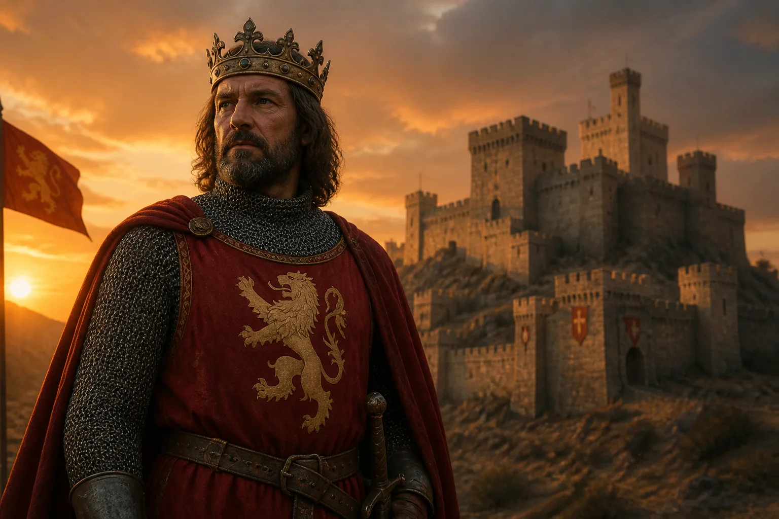 A medieval European king in chainmail and a red surcoat with a lion emblem, standing before a crusader-era castle at sunset