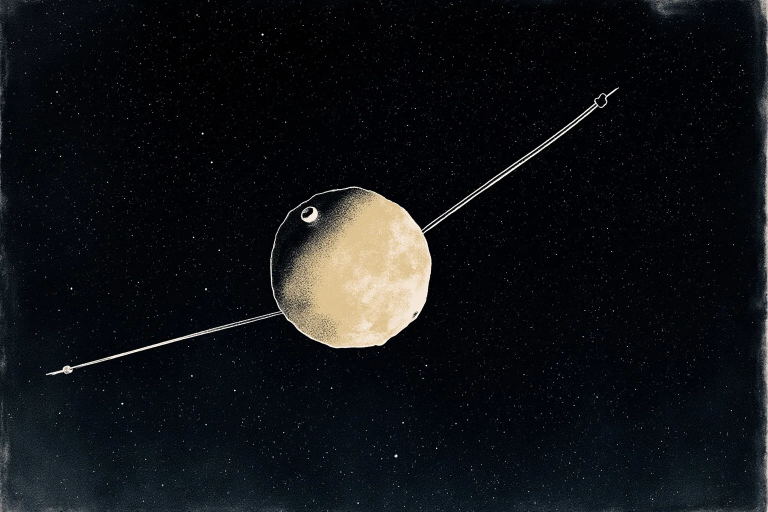 Facts About The Space Race: 25 Things Everyone Gets Wrong (or Right) 2 Retro-style illustration of a small beach-ball-sized satellite with four long antennas against a starry night sky