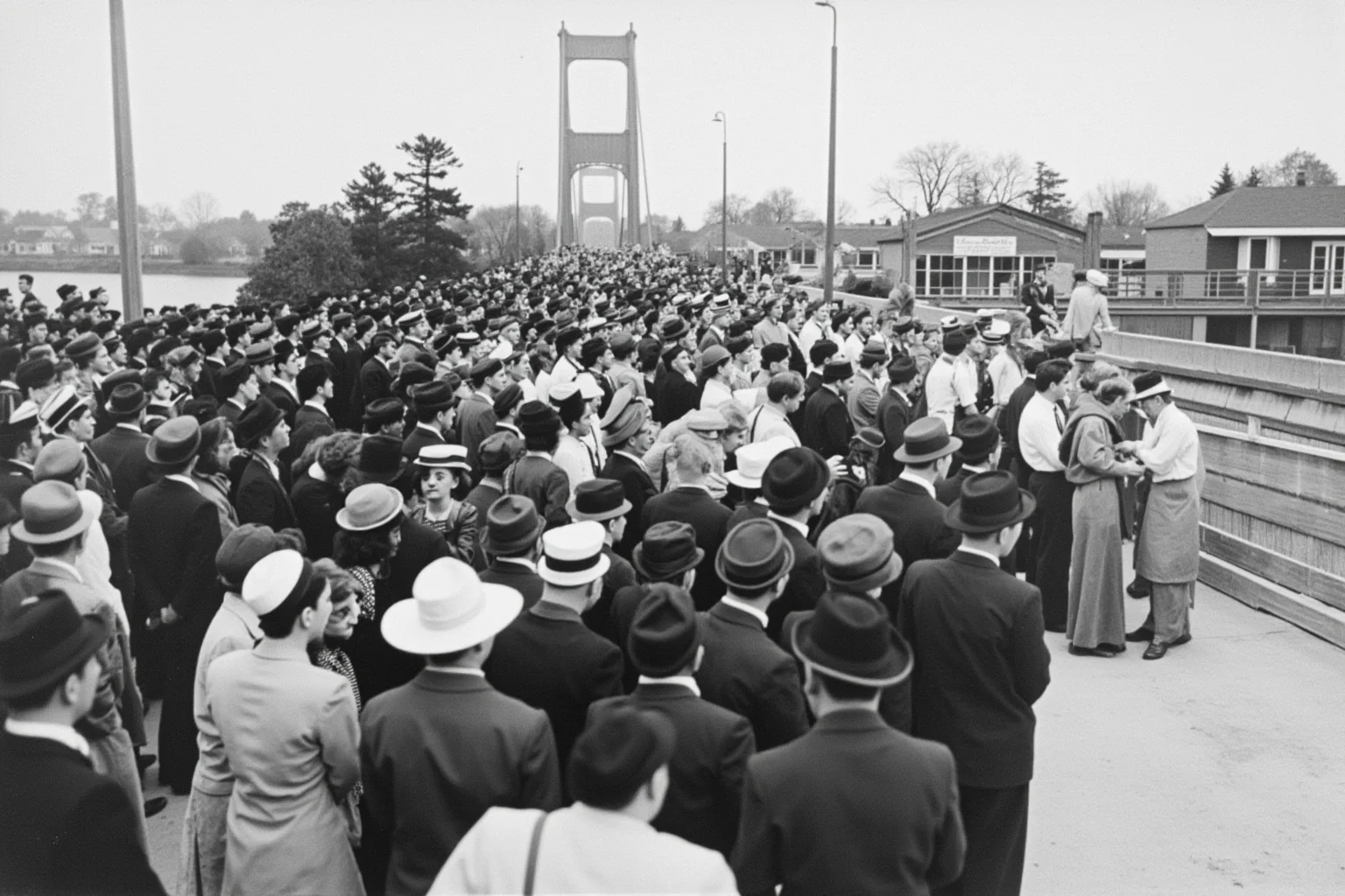 Proof of Time Travel? 20 Famous Photos, Notes, and Stories Fact-Checked 3 Faded 1940s black-and-white photo of a small-town bridge reopening ceremony crowd in period clothing