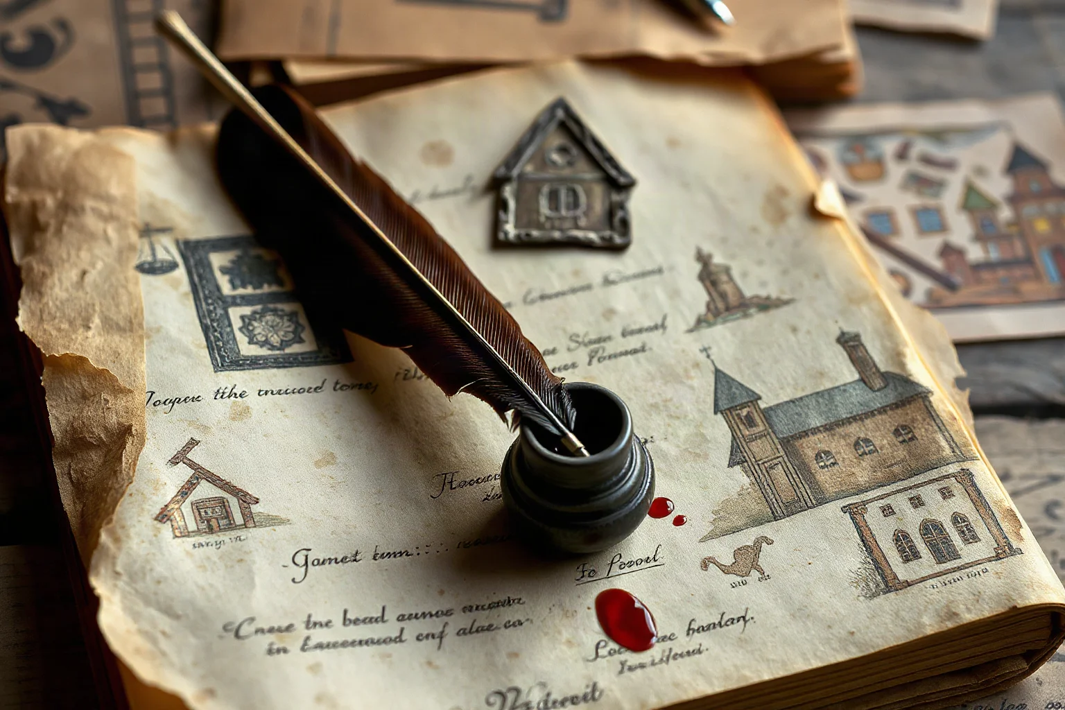 Faded medieval town record ledger with quill and ink pot, illustrative historical still life