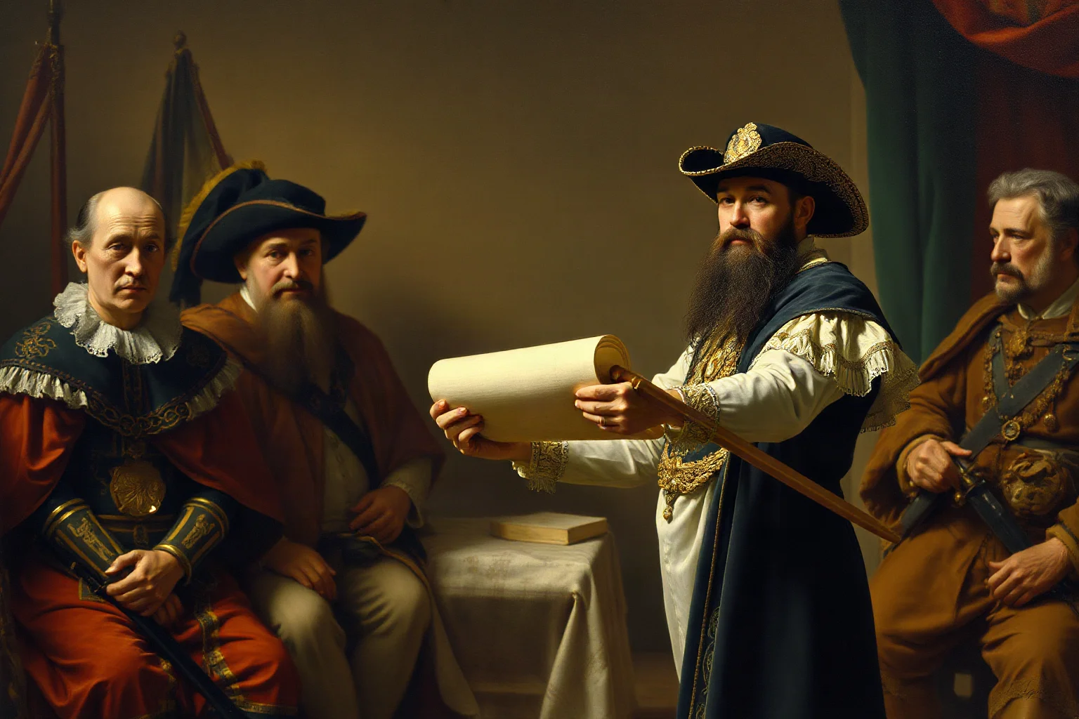 Faded oil-painting style portrait of a Spanish royal court scene with an explorer presenting a scroll