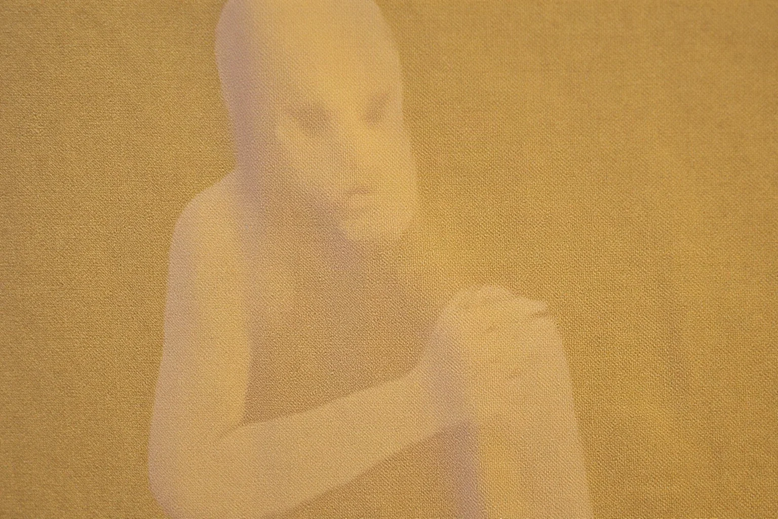 Faint ghostly image of a human figure on an aged linen cloth, museum display