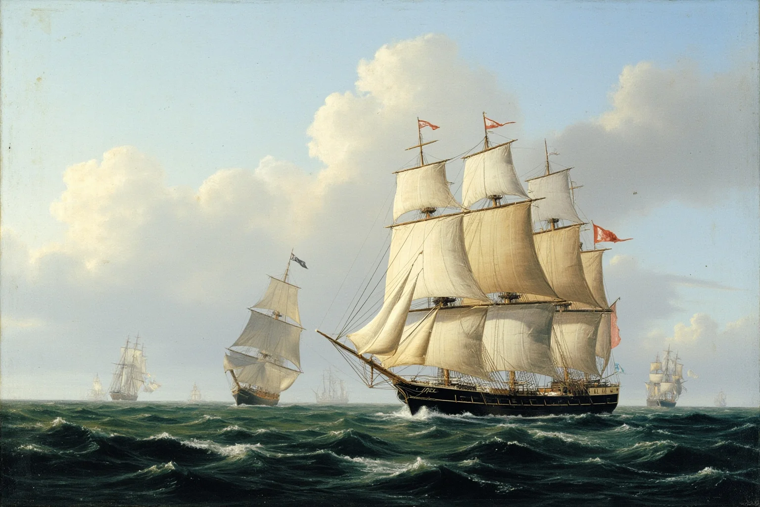 False Flag Operations That Quietly Changed World History 2 An old sailing ship flying an unfamiliar flag while approaching another vessel at sea, painted in a historical maritime art style