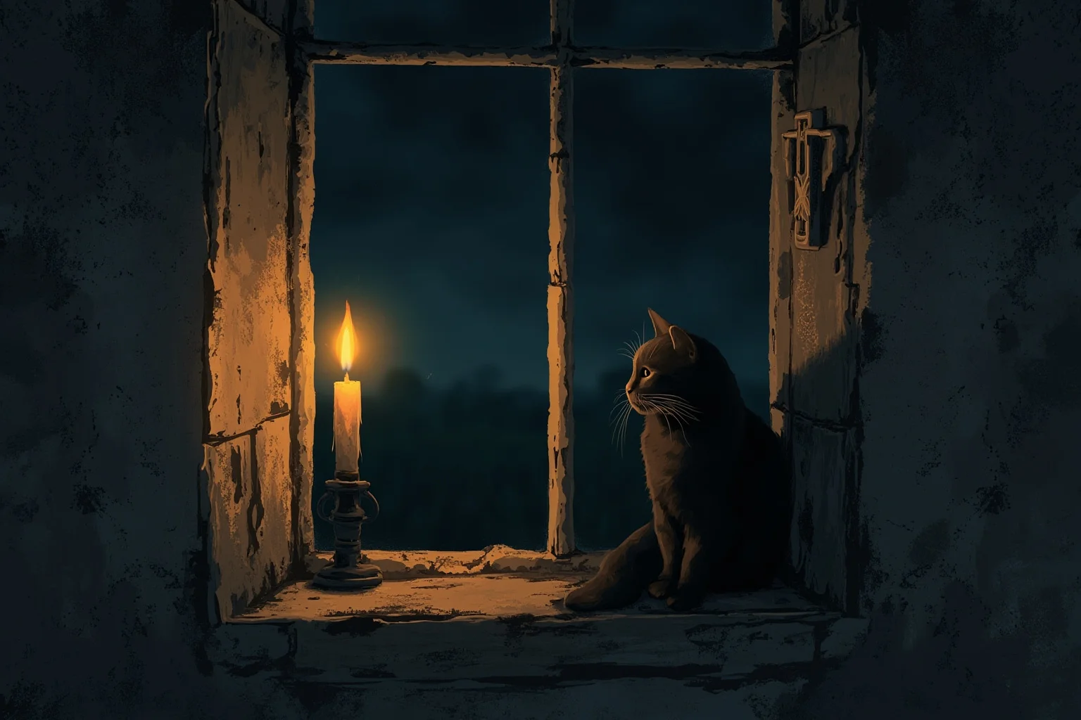 Familiars: The Long, Strange History of the Witch's Animal Companion 2 A illustrated black cat sitting beside a flickering candle in an old cottage window, moody historical illustration style