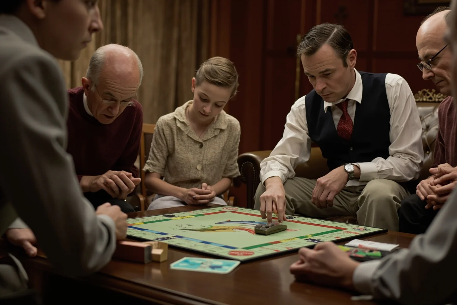 Biggest Fads Throughout American History 8 Family gathered around a Monopoly board game on a table in a cozy 1930s living room