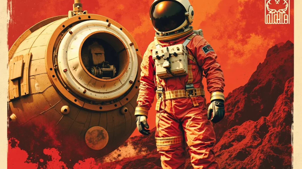 Retro poster-style illustration of a Soviet cosmonaut in a vintage spacesuit standing beside a round space capsule, red and gold color scheme