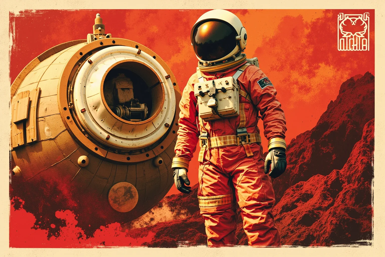 Retro poster-style illustration of a Soviet cosmonaut in a vintage spacesuit standing beside a round space capsule, red and gold color scheme