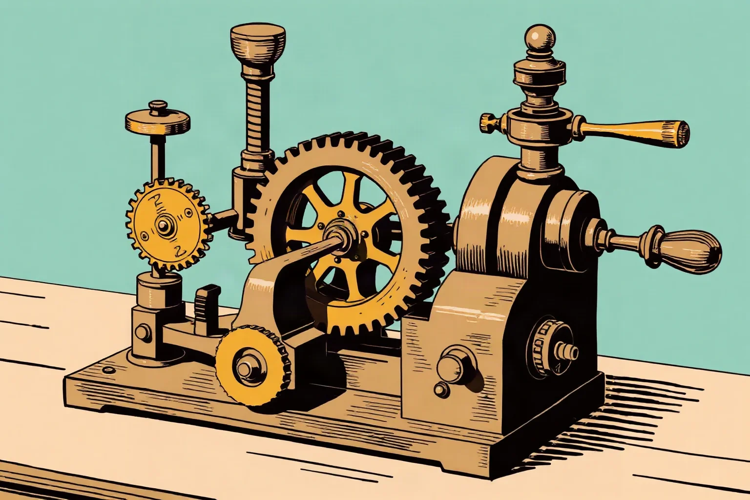 Vintage-style illustration of a 19th-century mechanical calculating engine with brass gears and levers
