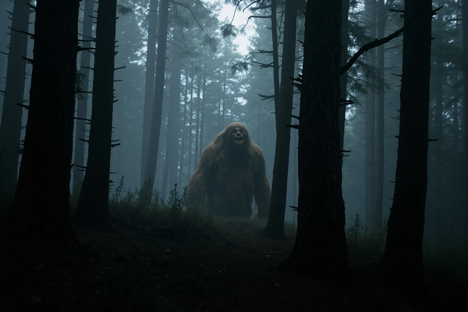 Famous Cryptids: 10 You Know and 16 Wild Ones You Probably Don't 2 A large, hair-covered humanoid figure glimpsed between dense pine trees in a misty Pacific Northwest forest
