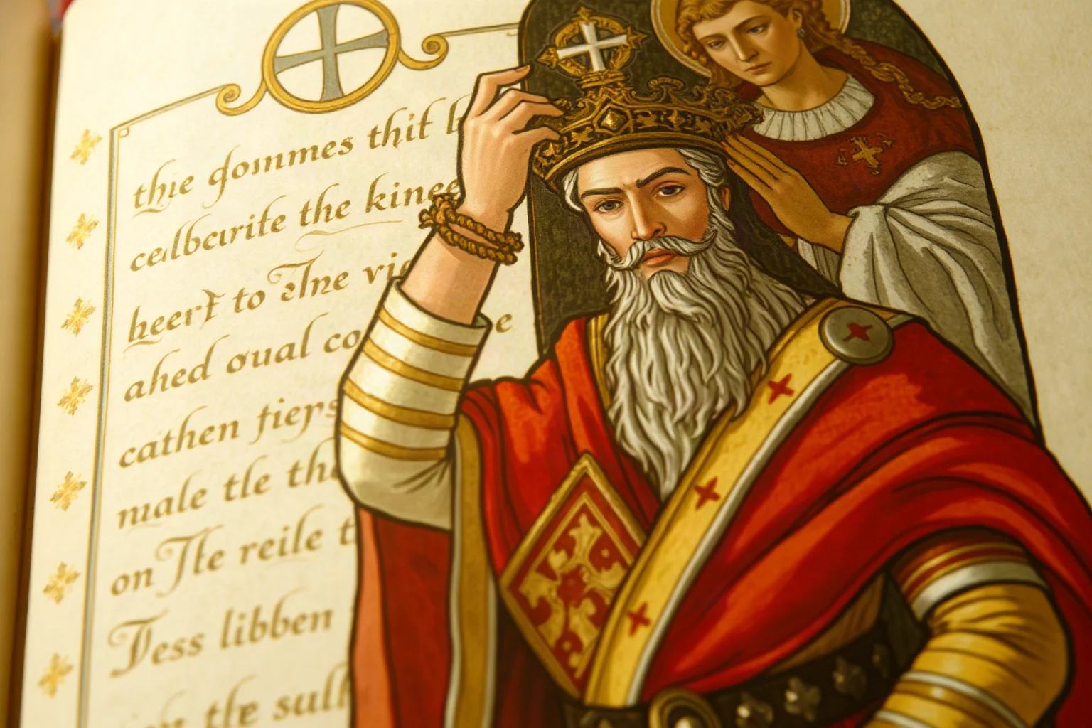 Illustrated medieval king in Frankish royal regalia being crowned by a religious figure, illuminated manuscript style