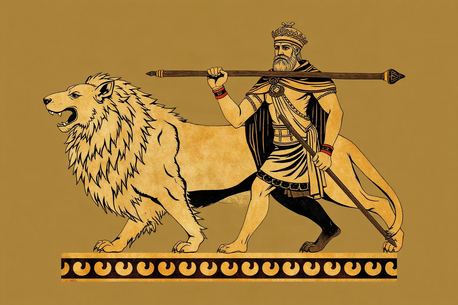 Ancient Greek hero in lion-skin cloak completing a heroic labor beside a stylized mythological beast, classical vase-painting art style
