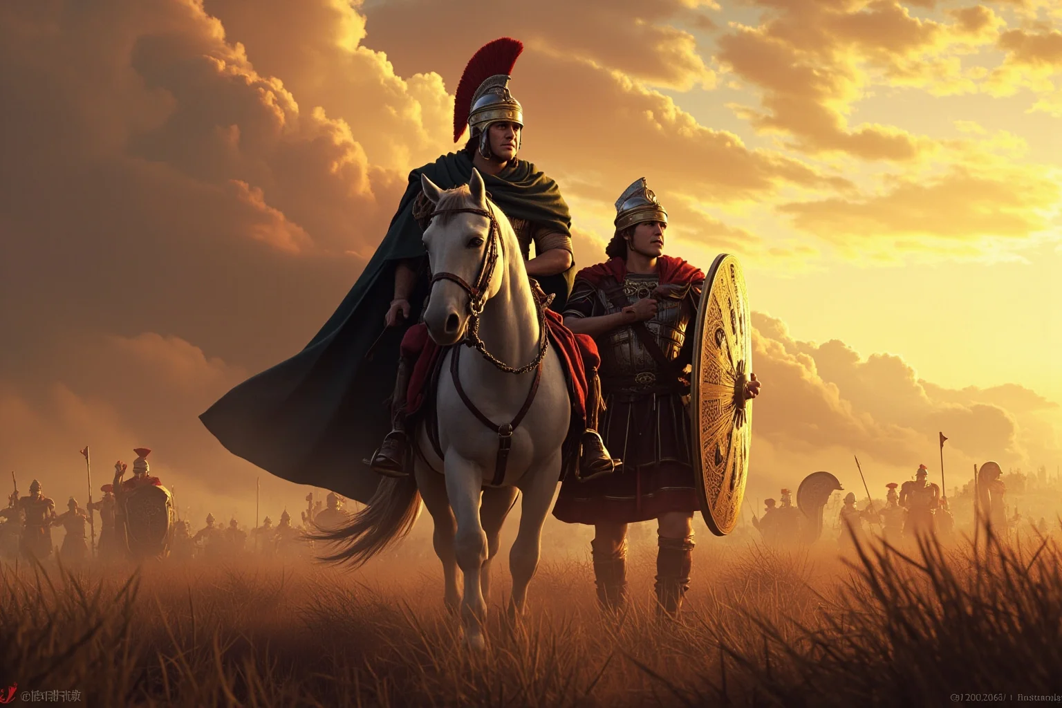 Famous Horses in History: 22 of the Most Legendary Names 3 An ancient Macedonian warhorse with a dark coat standing beside a young armored general on a battlefield at dawn, historical illustration style