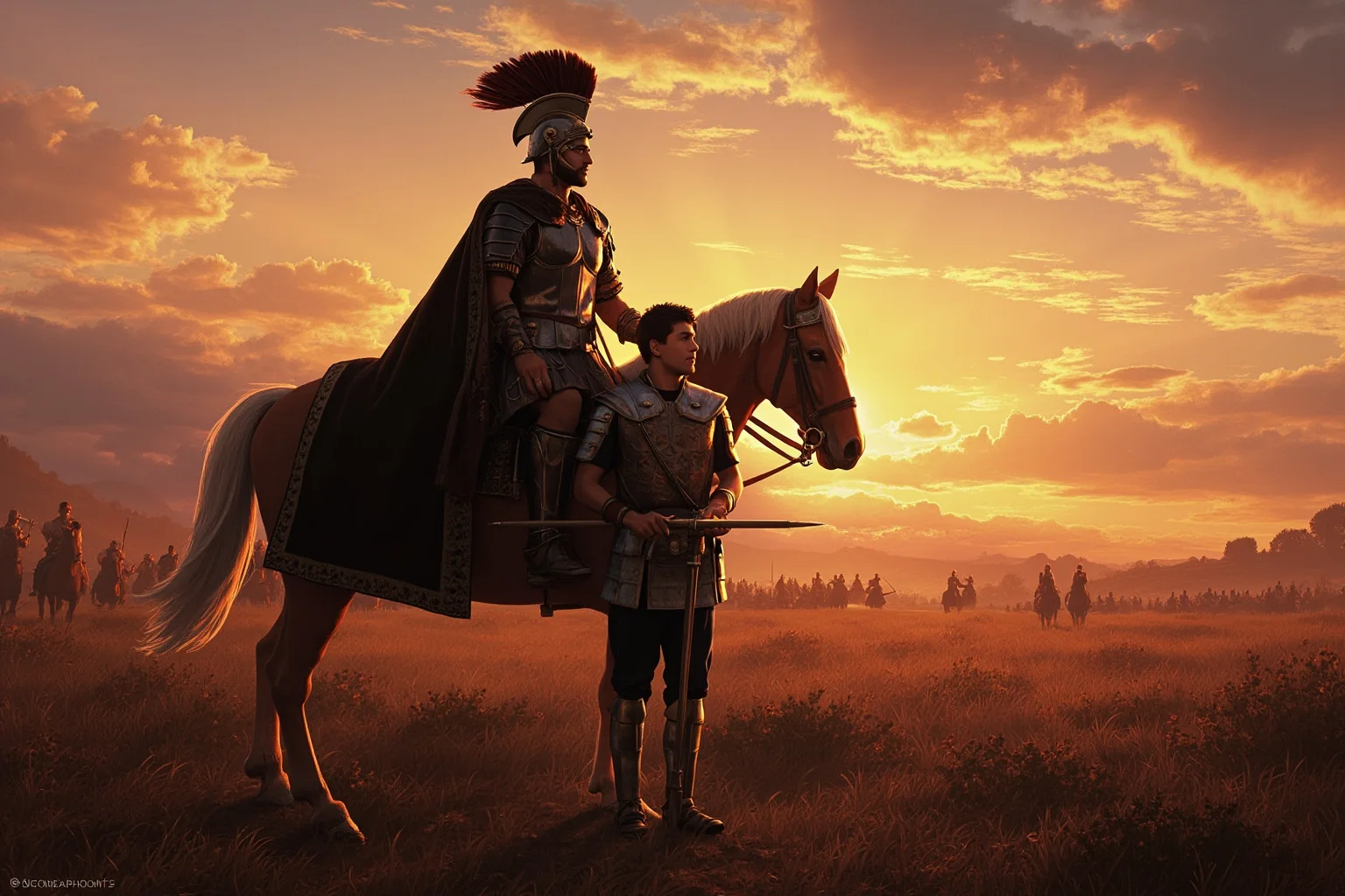 Famous Horses in History: 22 of the Most Legendary Names 4 An ancient Macedonian warhorse with a dark coat standing beside a young armored general on a battlefield at dawn, historical illustration style