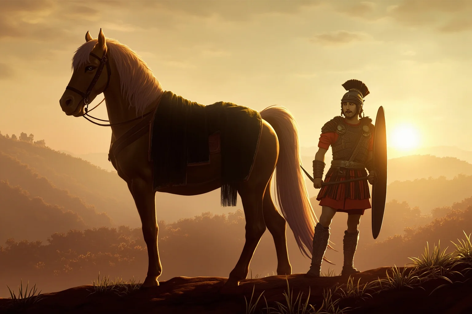 Famous Horses in History: 22 of the Most Legendary Names 6 An ancient Macedonian warhorse with a dark coat standing beside a young armored general on a battlefield at dawn, historical illustration style