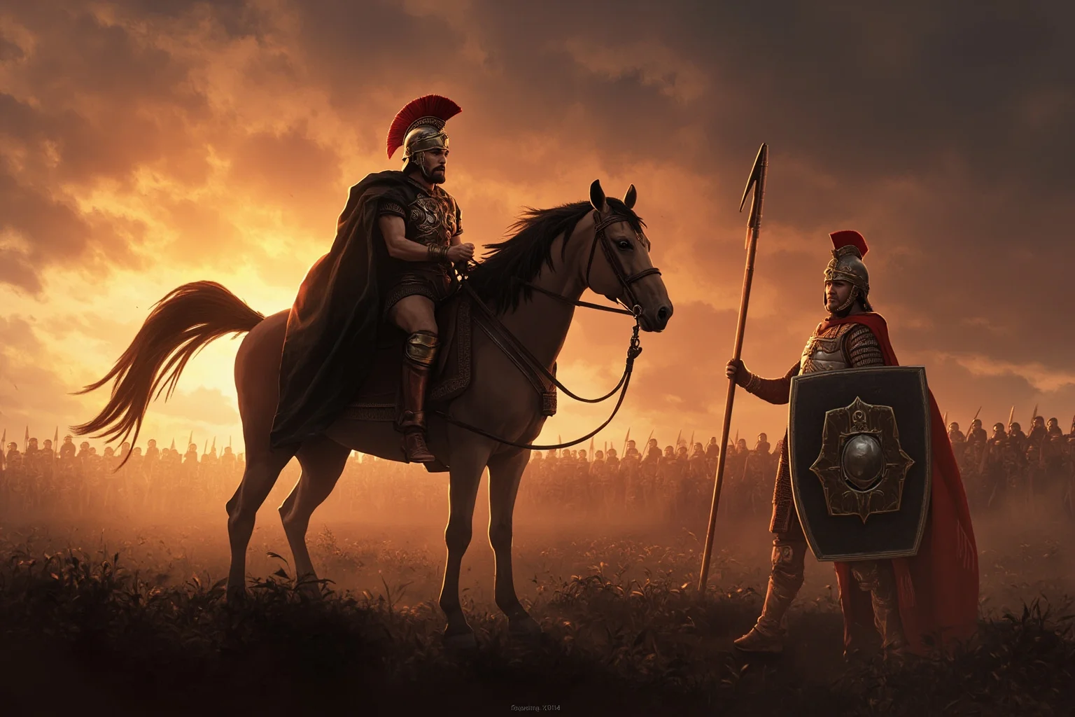 Famous Horses in History: 22 of the Most Legendary Names 8 An ancient Macedonian warhorse with a dark coat standing beside a young armored general on a battlefield at dawn, historical illustration style
