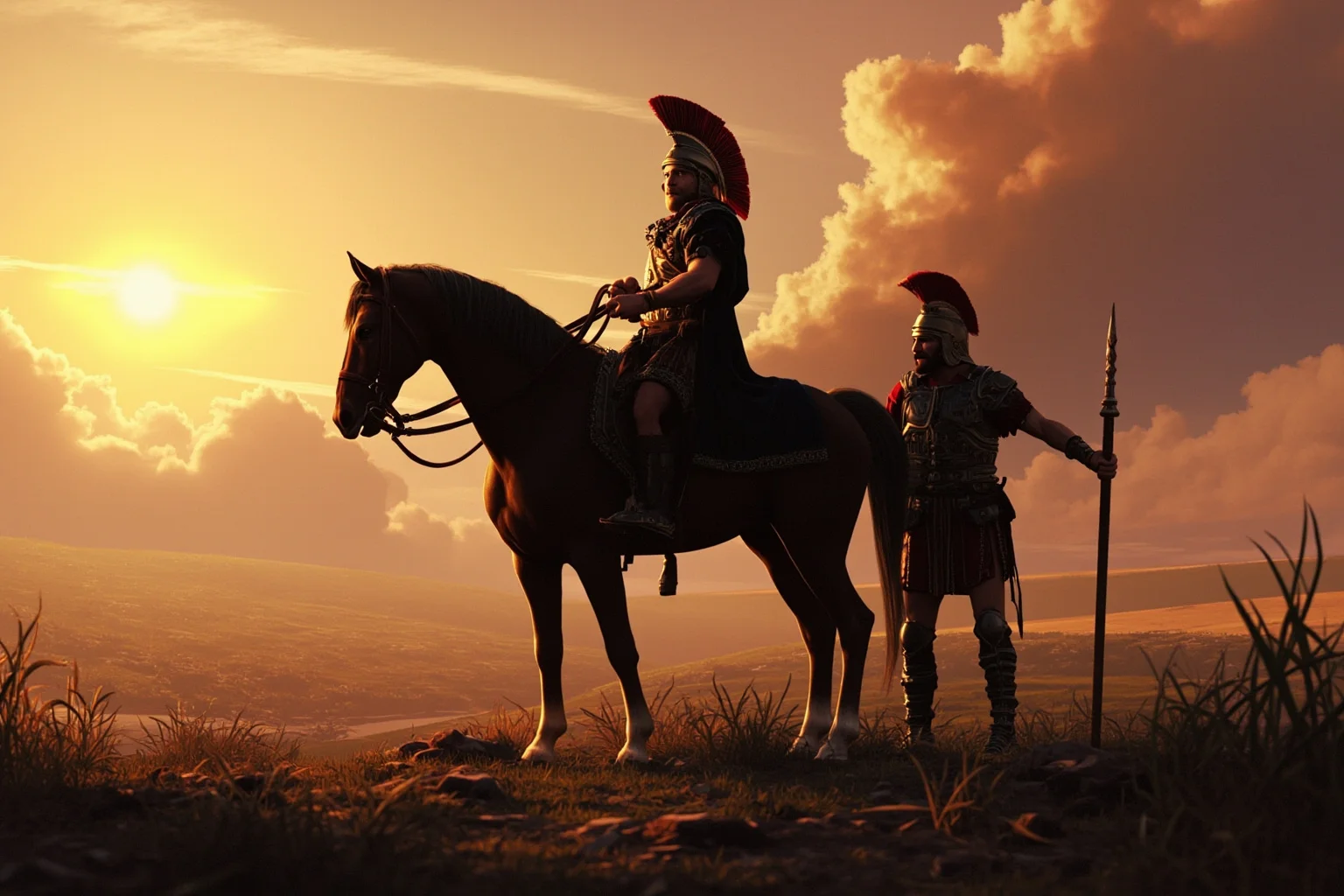 Famous Horses in History: 22 of the Most Legendary Names 2 An ancient Macedonian warhorse with a dark coat standing beside a young armored general on a battlefield at dawn, historical illustration style