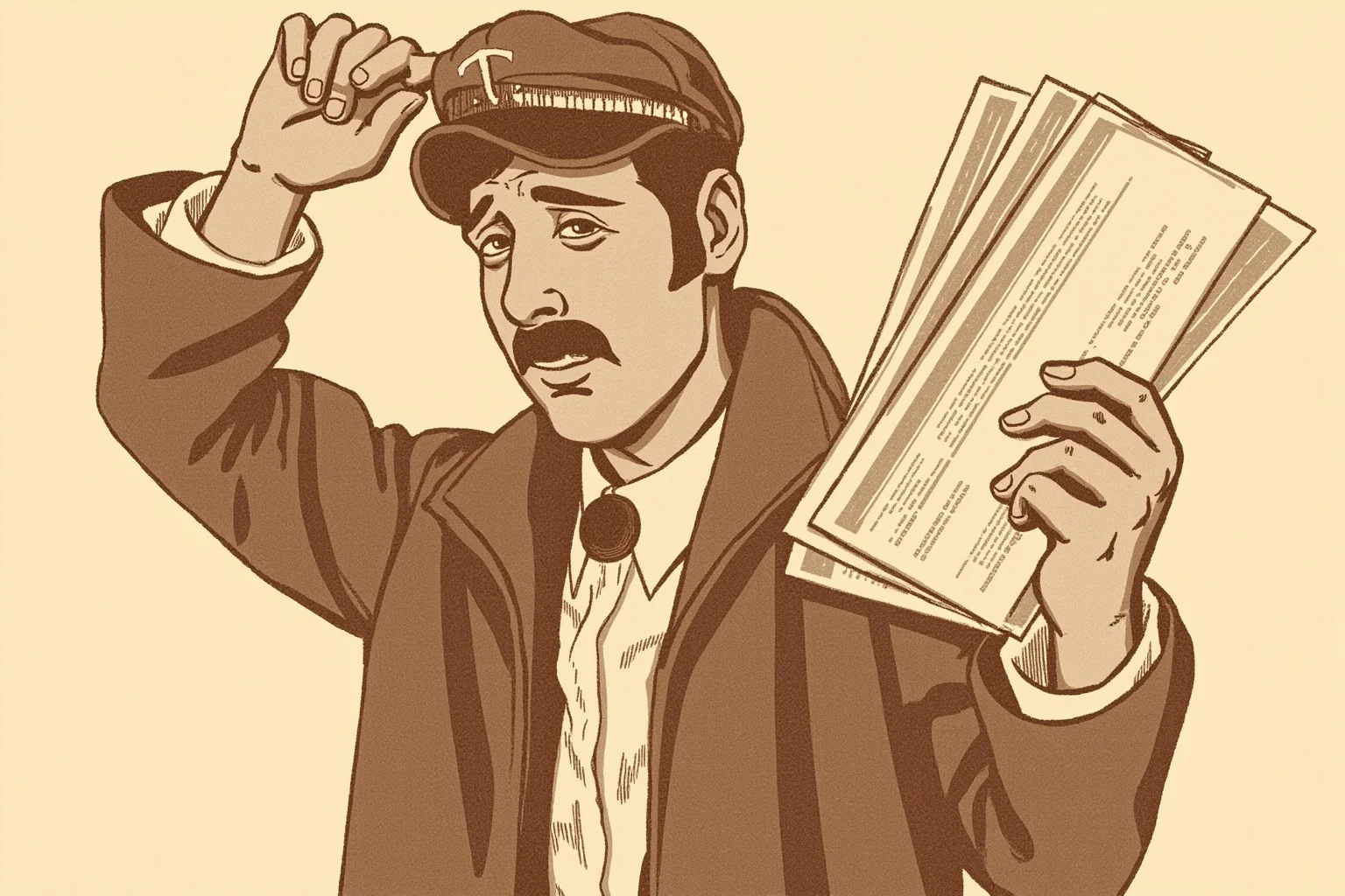 A vintage-style illustration of a mysterious man in 1960s attire holding an airline pilot's cap and a stack of checks, sepia toned