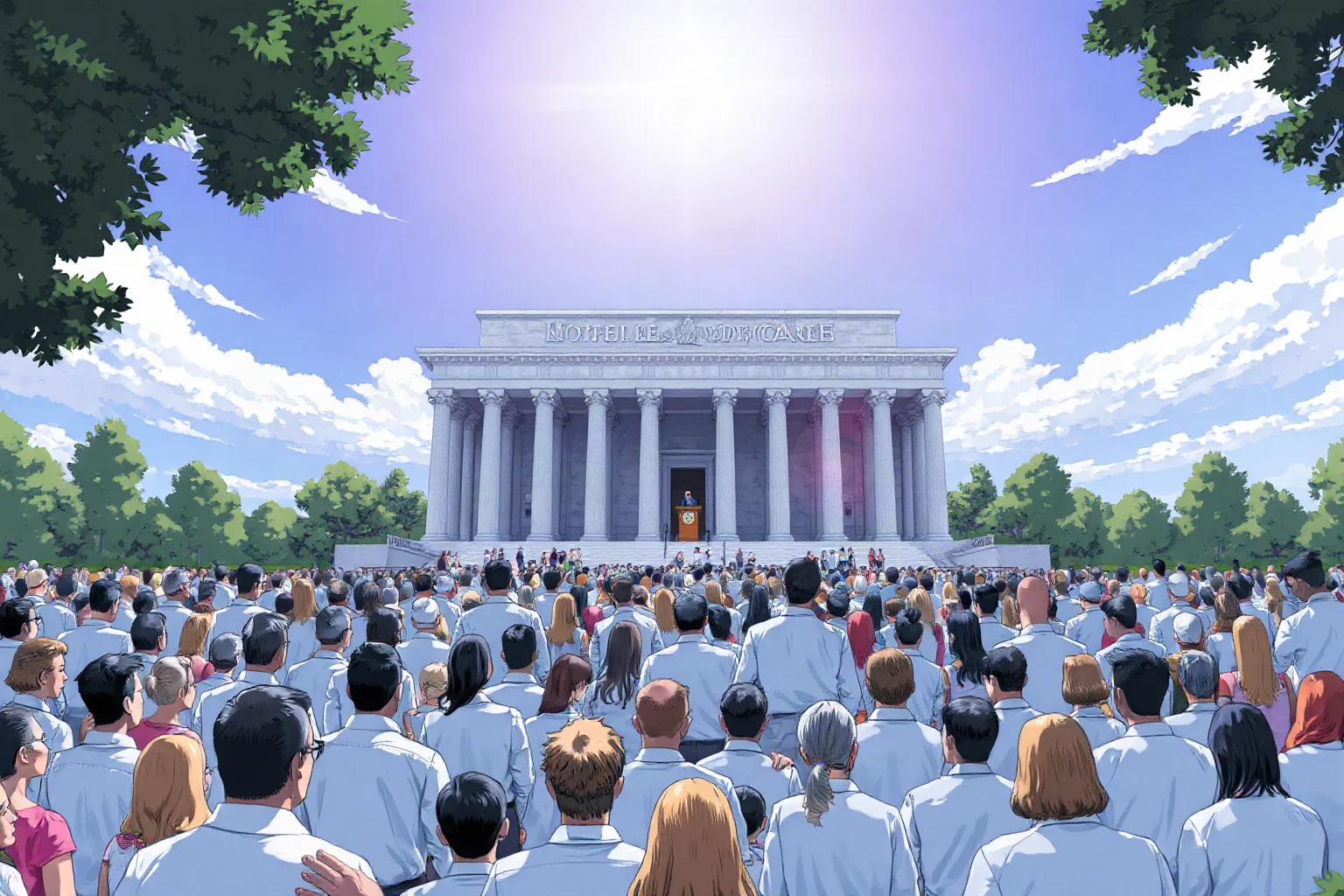 Illustration of a large crowd facing a grand marble memorial building under a bright sky, one figure standing at a podium in the distance