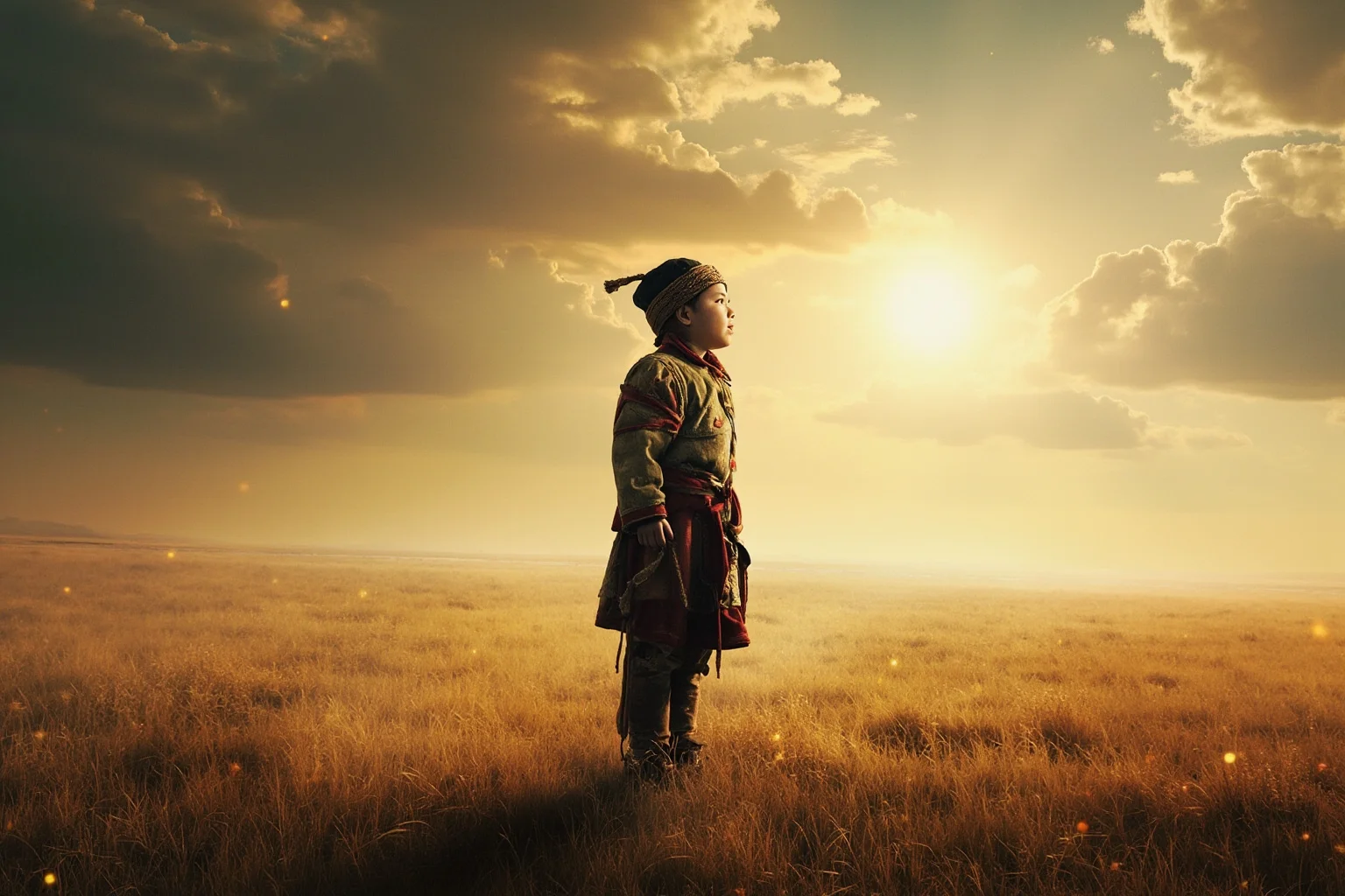 A young nomadic boy standing alone on the vast Mongolian steppe under a dramatic sky, illustrating humble beginnings before a legendary rise to power