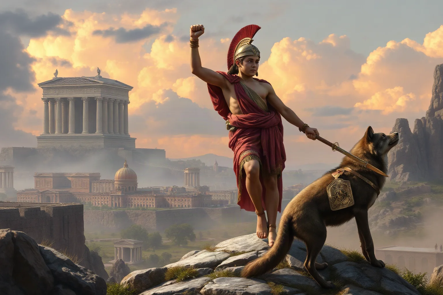 Ancient Roman twins raised by a she-wolf, one brother standing victorious over the other near the foundations of a great city