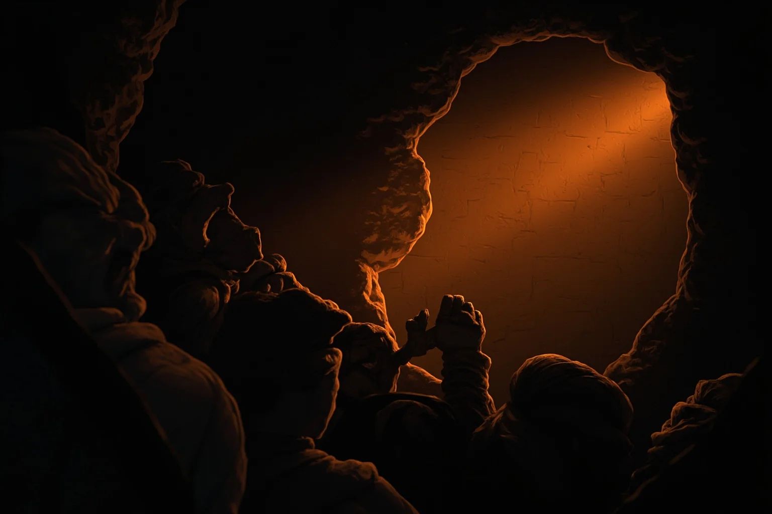 Stylized illustration of prisoners in a dark cave watching shadows on a wall, warm firelight silhouette style