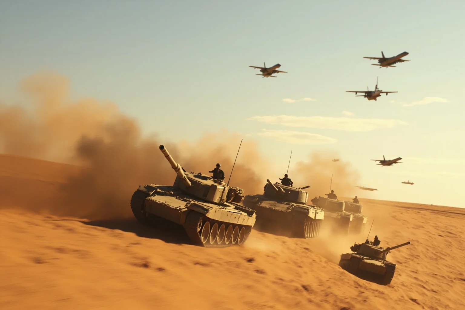 Fast-moving desert battlefield scene with tanks and jets, evoking a brief but decisive modern war