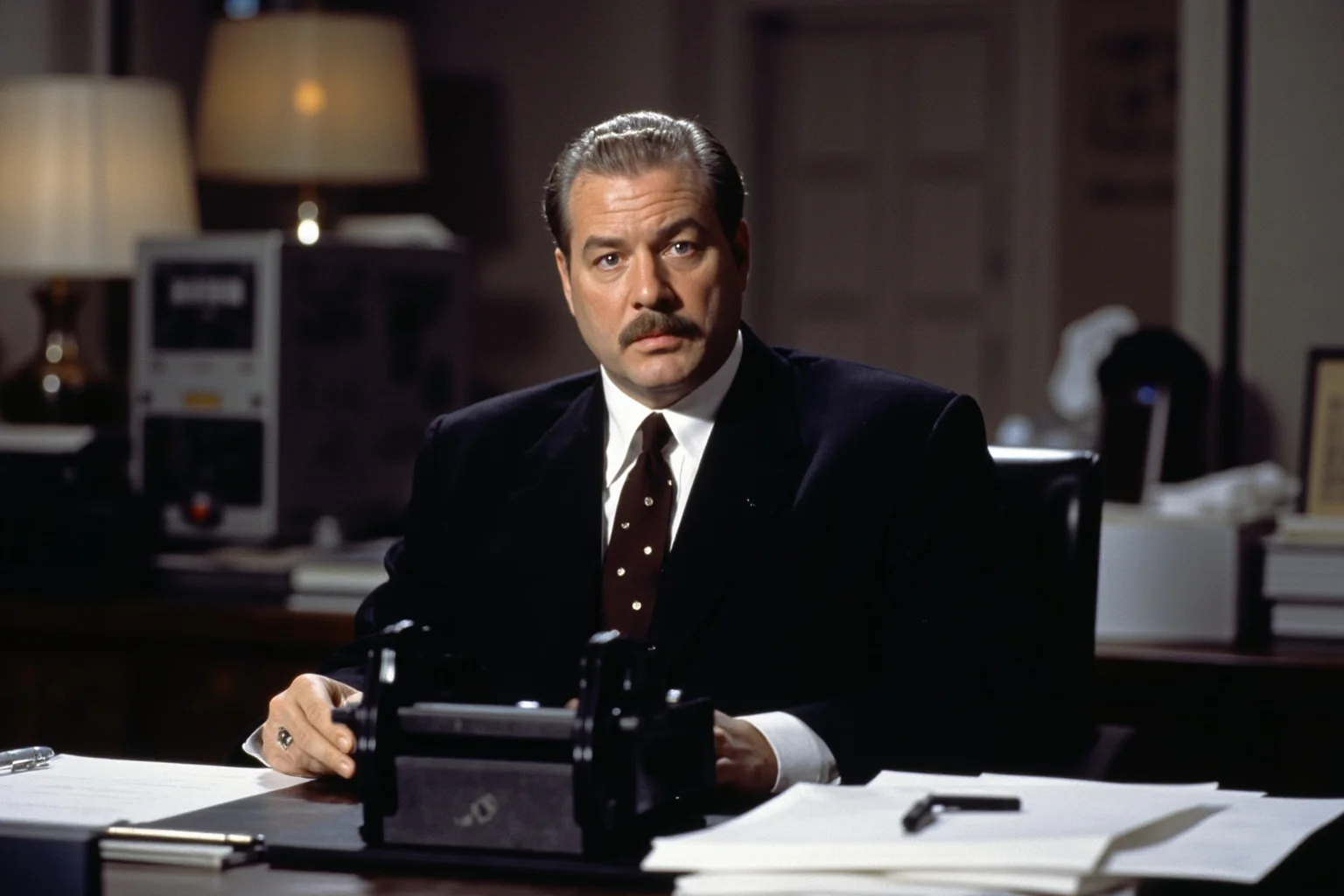 The Most Shameless Traitors of All Time 17 FBI agent in 1990s office setting surrounded by classified documents and surveillance equipment, espionage theme