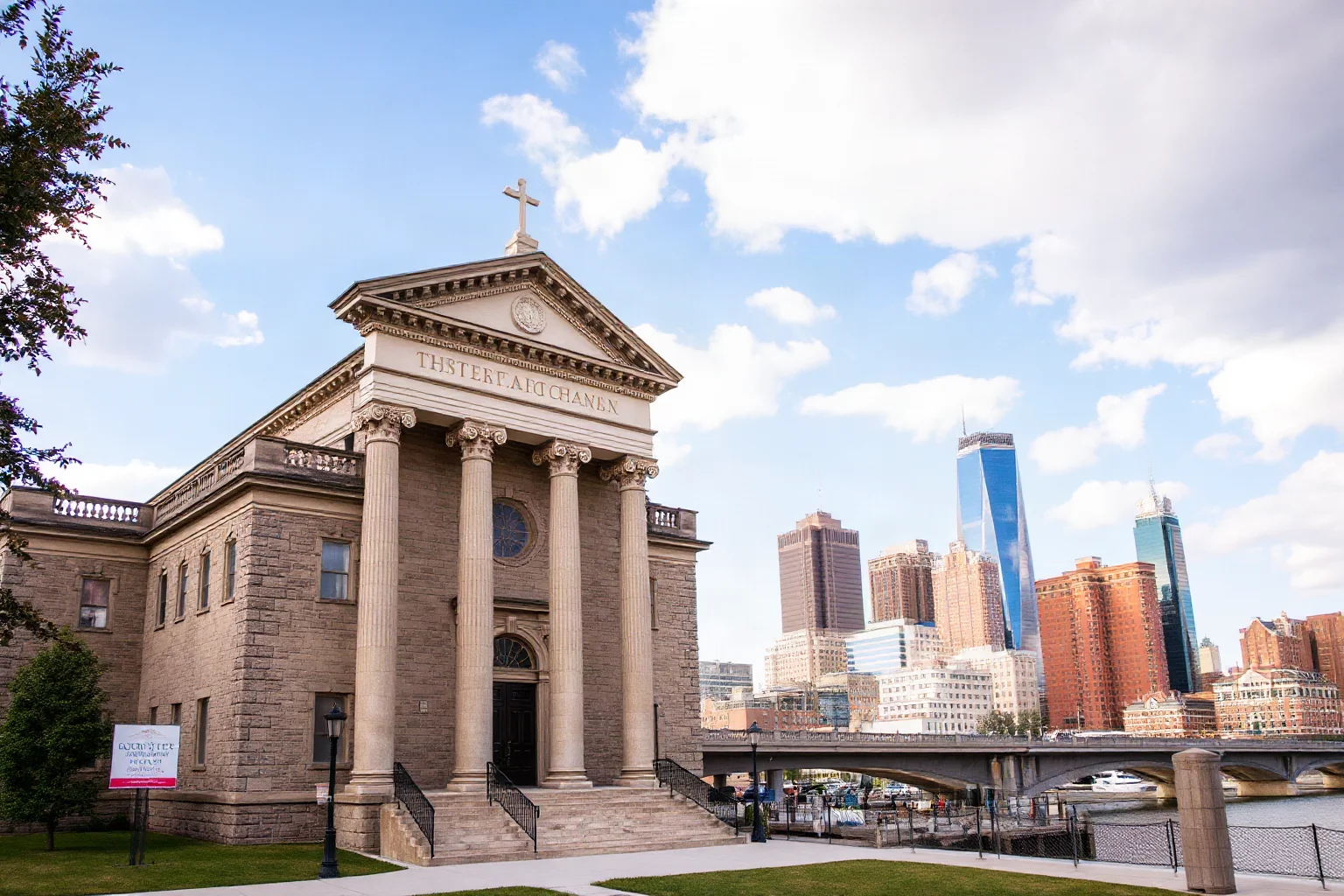 Federal-style stone cathedral with a classical pediment facade near a riverfront city skyline