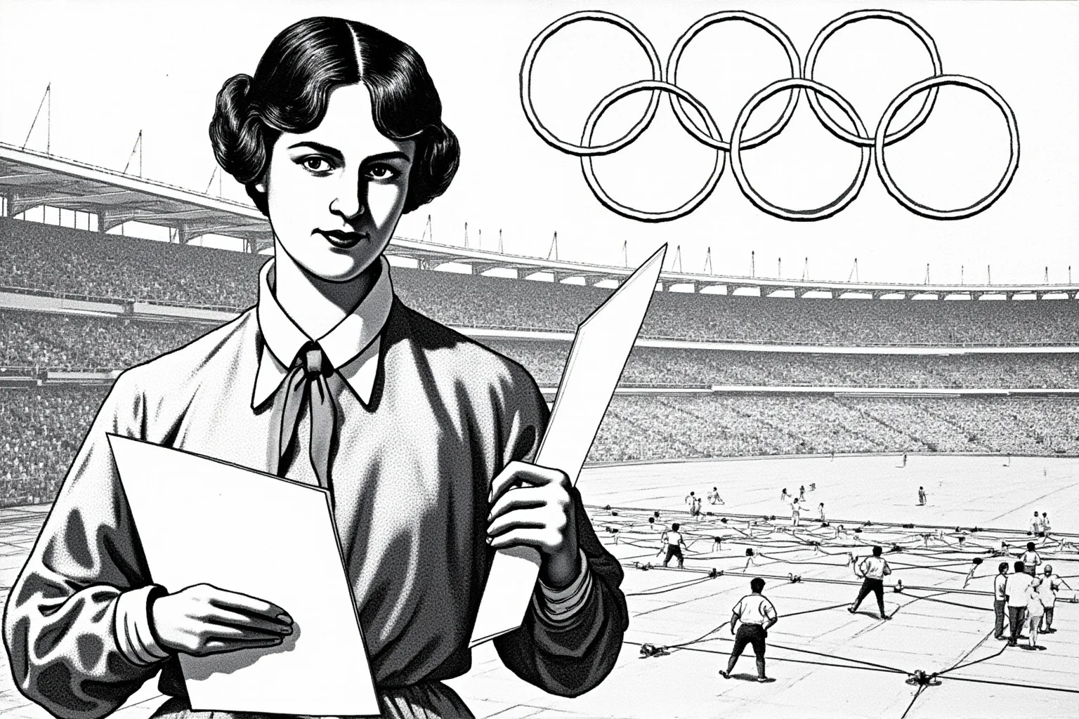 Female Athletes In History Who Changed The Game 2 Black-and-white style illustration of a determined early-1900s female rowing administrator holding event papers, vintage Olympic stadium in background