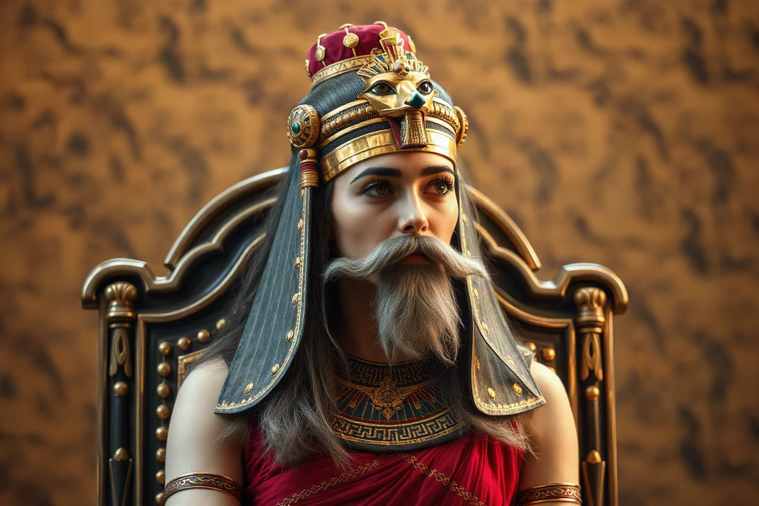Female Egyptian pharaoh in traditional royal regalia and false beard, seated on a throne