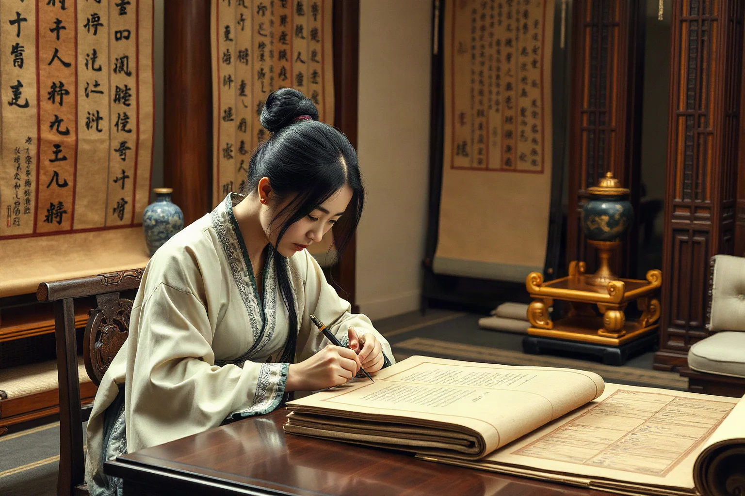 Female Han dynasty scholar writing historical records in an elegant study filled with bamboo scrolls