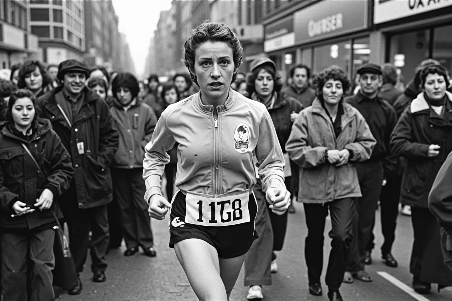 Female Athletes In History Who Changed The Game 12 Female marathon runner in 1960s tracksuit running through a city marathon crowd, determined expression, race number pinned to her shirt