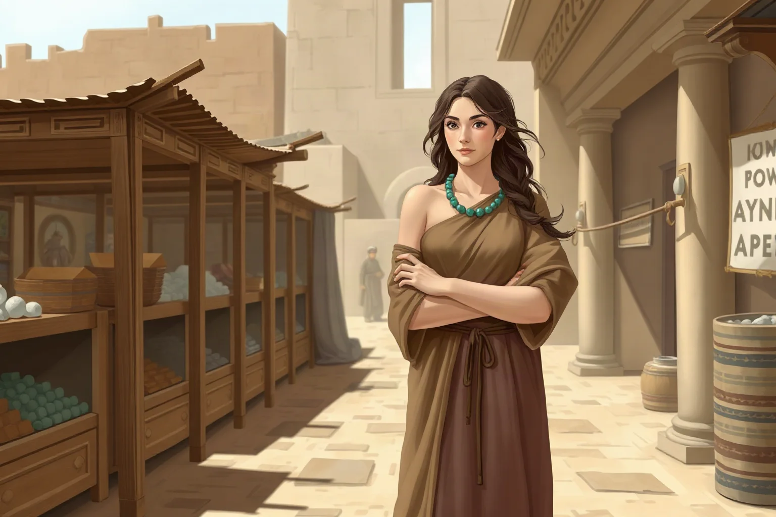 Female philosopher in simple Cynic robes standing confidently in an ancient Greek marketplace, illustrated style