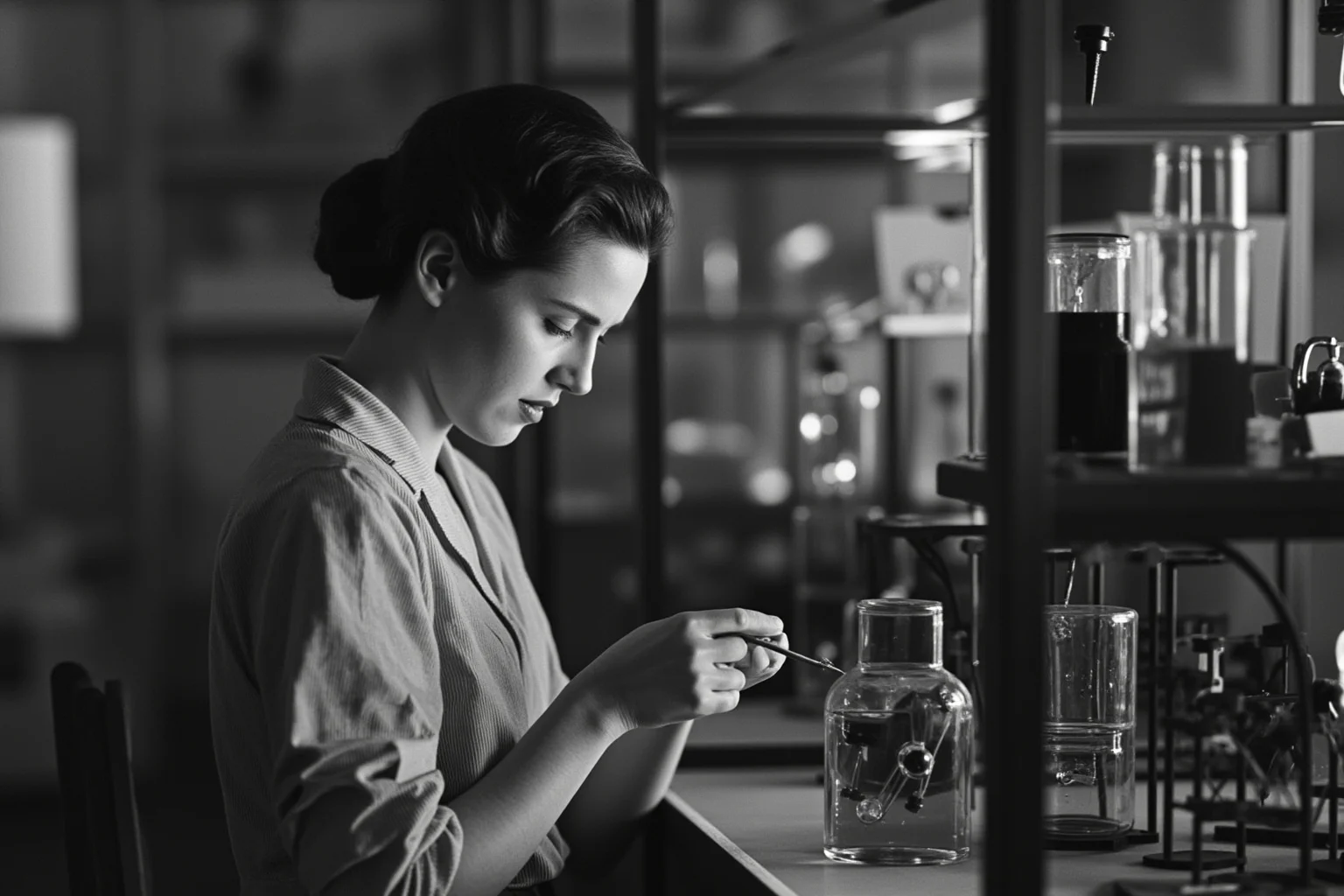Female physicist in 1940s laboratory setting conducting experiments with scientific apparatus