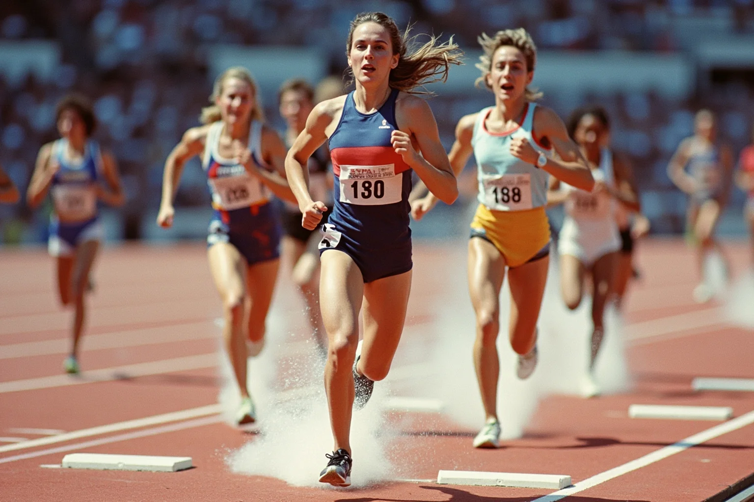 Female Athletes In History Who Changed The Game 17 Female sprinter in a colorful 1980s one-legged track bodysuit exploding out of the starting blocks on a red track