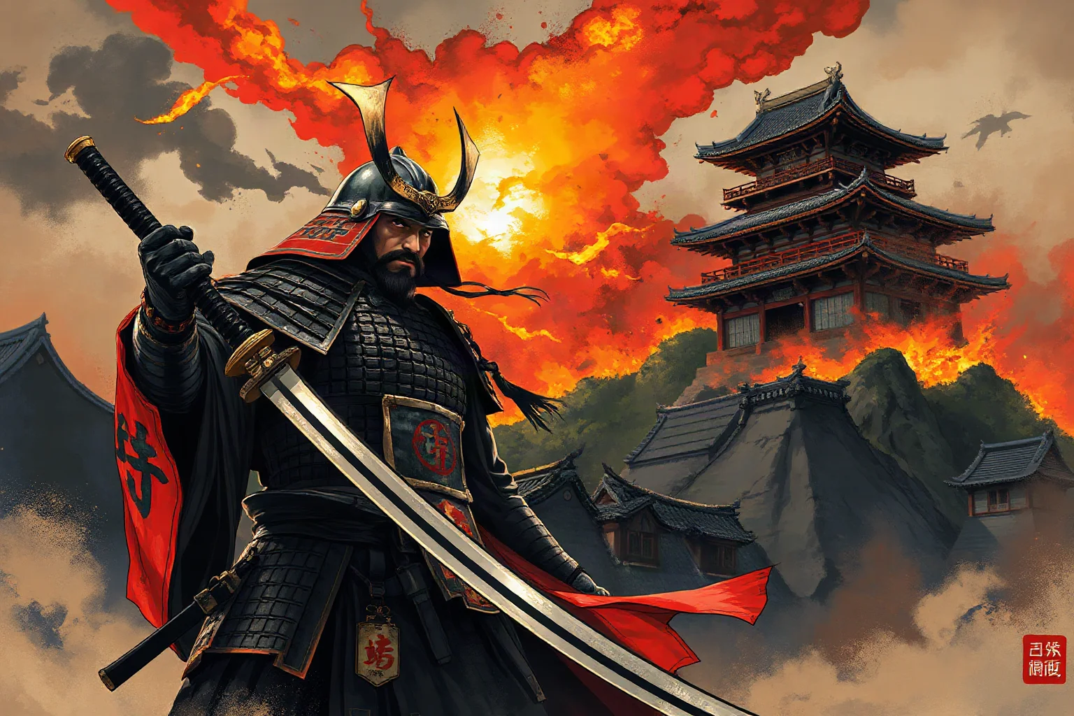 Feudal Japanese warlord in lacquered armor holding a katana before a burning castle, illustrative historical style