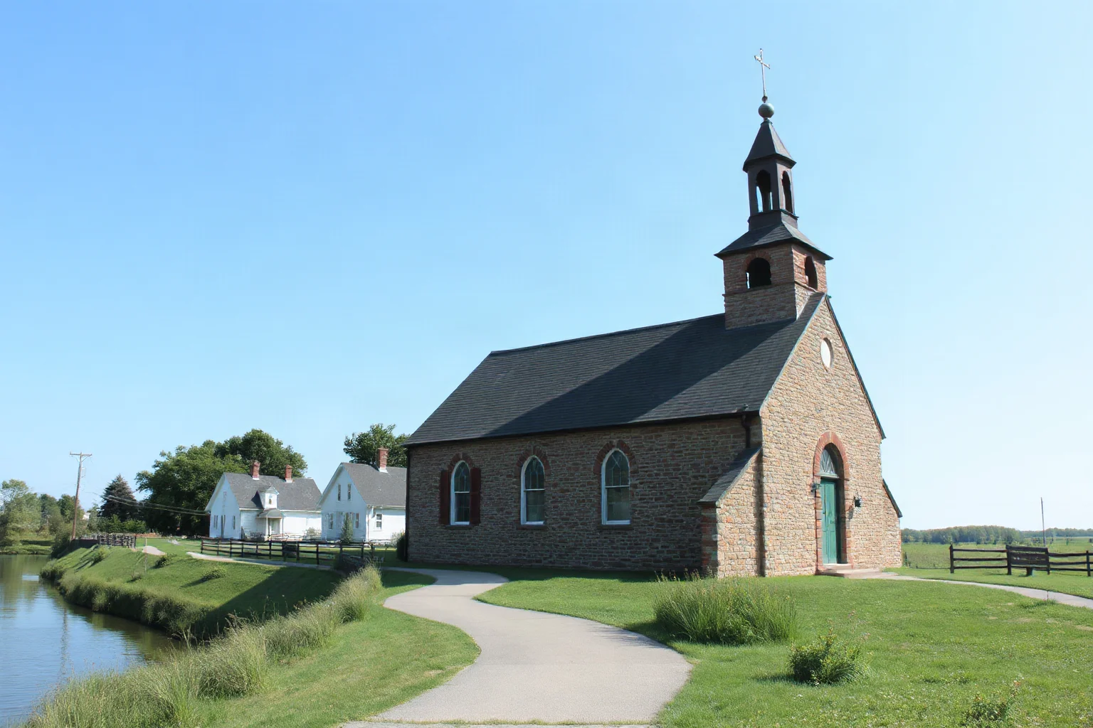 Fieldstone colonial church with a simple gabled roof beside a quiet river in the mid-Atlantic countryside