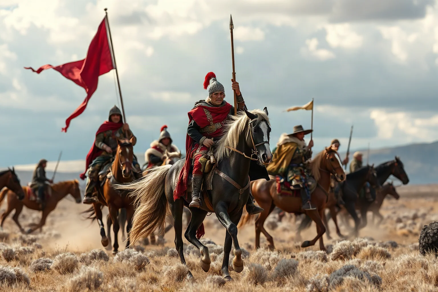 Fierce nomadic warrior leader on horseback leading riders across a windswept steppe