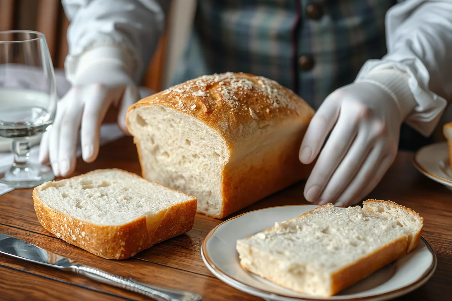 Fine white manchet bread loaf sliced on a noble's table with a piece used as an edible plate trencher