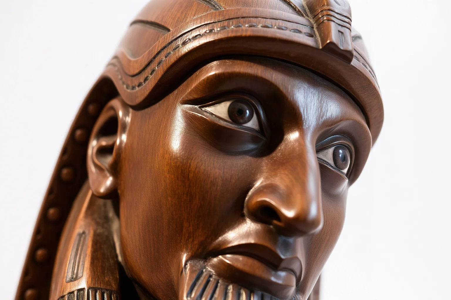 Finely carved wooden statue of a dignified older man with lifelike inlaid eyes, ancient Egyptian art style